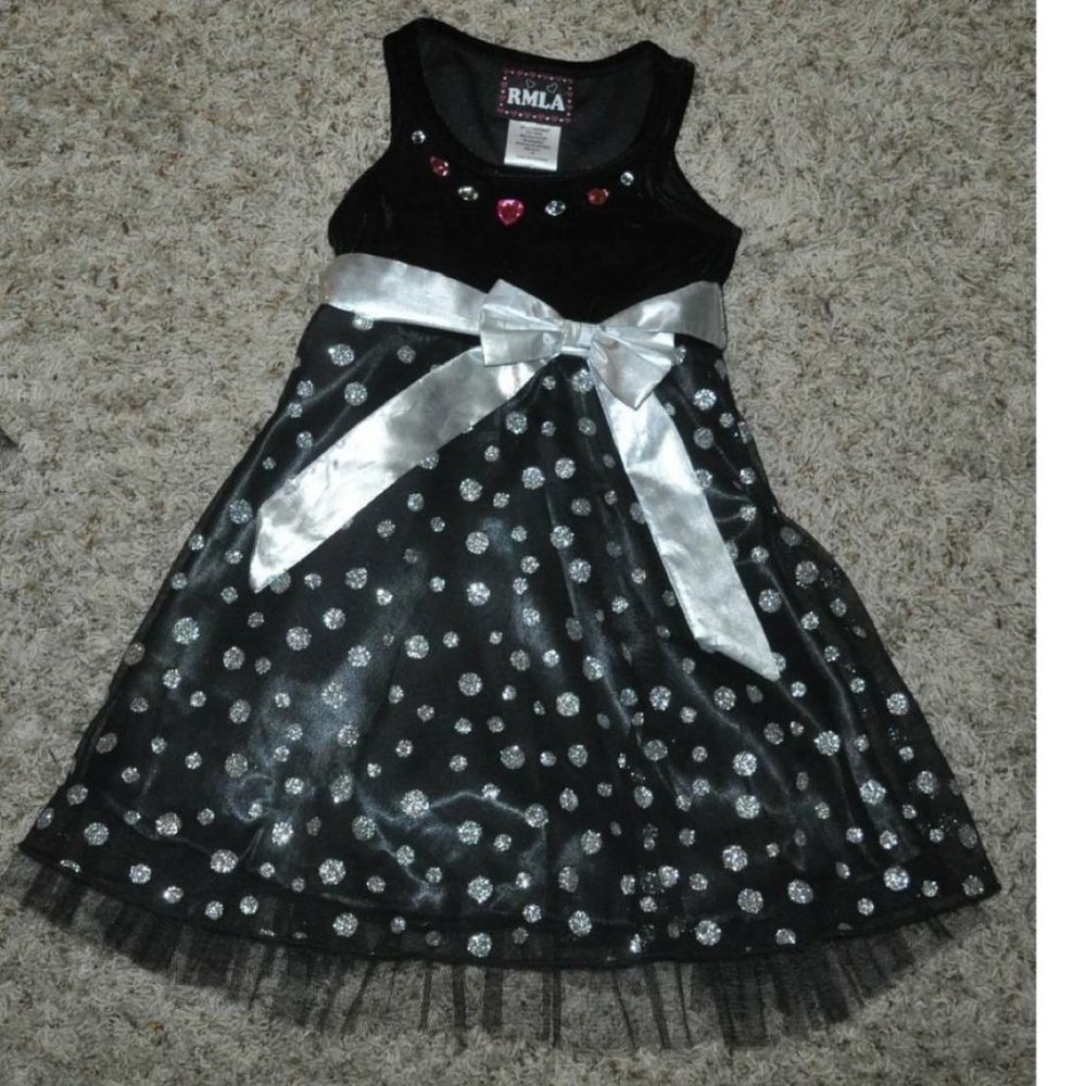 Girls Organza Party Dress 4 Black Silver RMLA Glittery Dots Jeweled Holiday